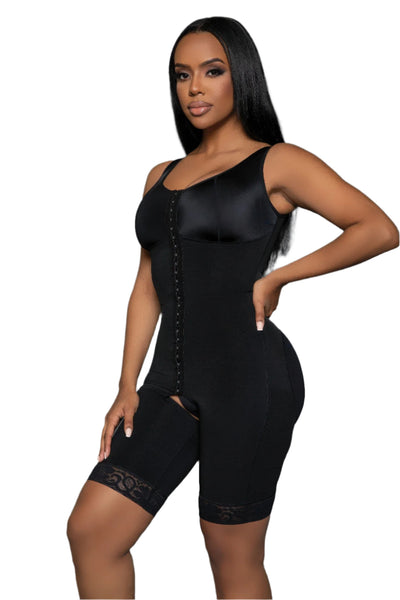 Seamless black bodysuit with hook front and tummy control