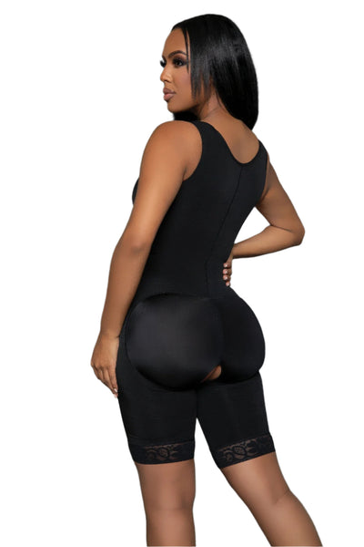 Back view of black full coverage bodysuit with supportive fit