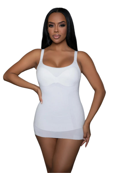 White Stay Sexy Shaper Top – lightweight shaping camisole with tummy panel and lift support, perfect for layering or solo wear