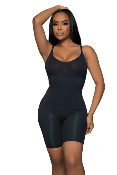 Black All-in-One Slimming Body Shaper – full-body compression shapewear with adjustable straps and open crotch