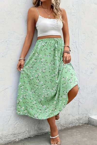 Green Plus Size Floral Drawstring Skirt – Lightweight Midi Skirt for Women