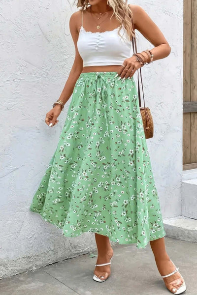 Green Plus Size Floral Drawstring Skirt – Lightweight Midi Skirt for Women