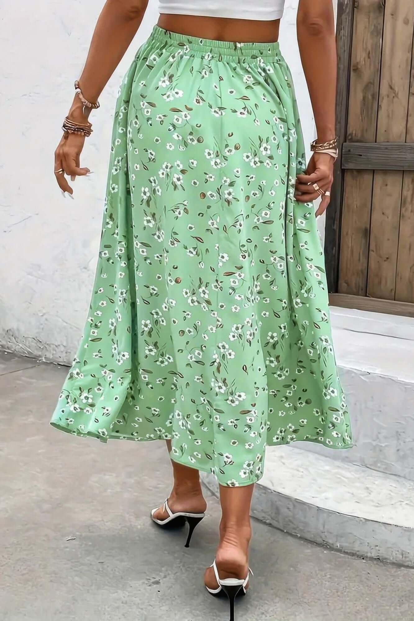 Green Plus Size Floral Drawstring Skirt – Lightweight Midi Skirt for Women