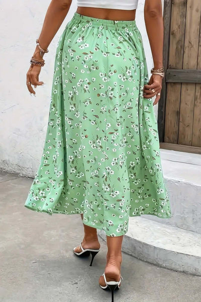 Green Plus Size Floral Drawstring Skirt – Lightweight Midi Skirt for Women