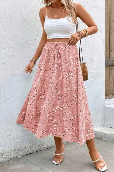 Pink Plus Size Floral Drawstring Skirt – Summer Flowy Midi Skirt for Curvy Women