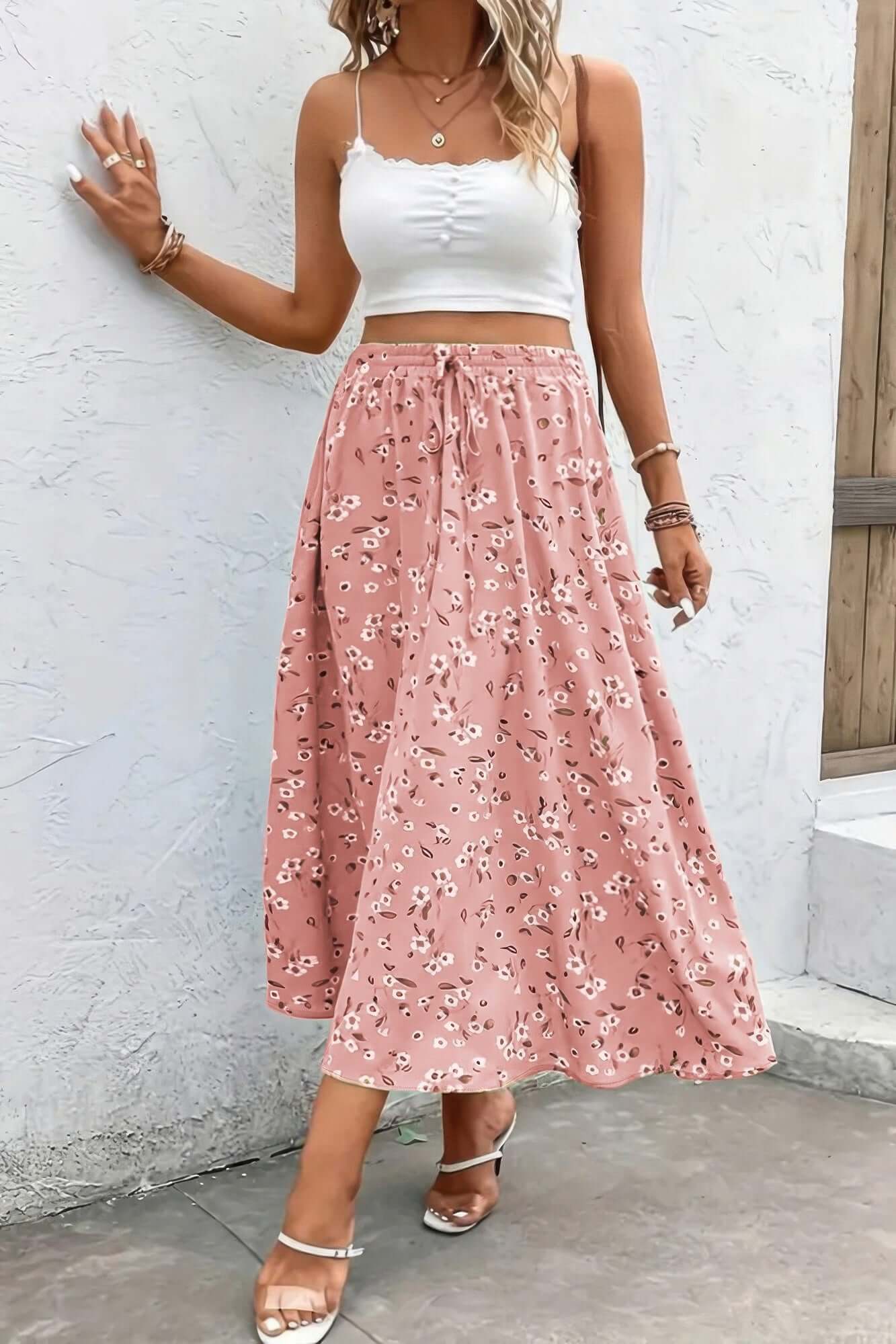 Pink Plus Size Floral Drawstring Skirt – Summer Flowy Midi Skirt for Curvy Women