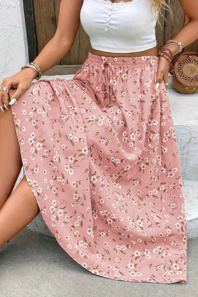 Pink Plus Size Floral Drawstring Skirt – Summer Flowy Midi Skirt for Curvy Women