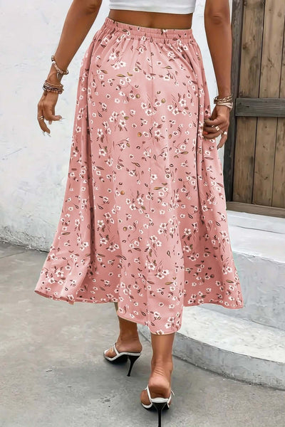 Pink Plus Size Floral Drawstring Skirt – Summer Flowy Midi Skirt for Curvy Women