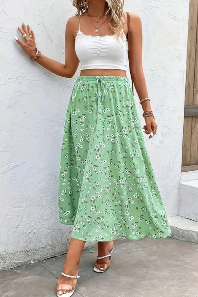 Green Plus Size Floral Drawstring Skirt – Lightweight Midi Skirt for Women