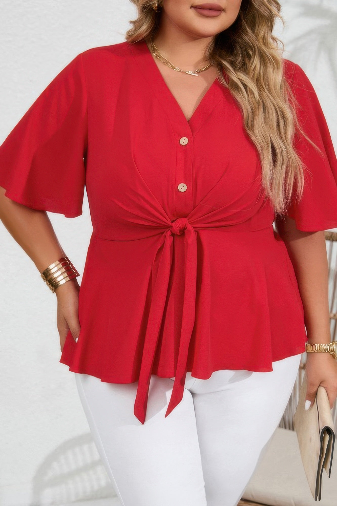 Plus size red peplum blouse with butterfly sleeves and waist tie – bold, flattering top for casual or dressy wear