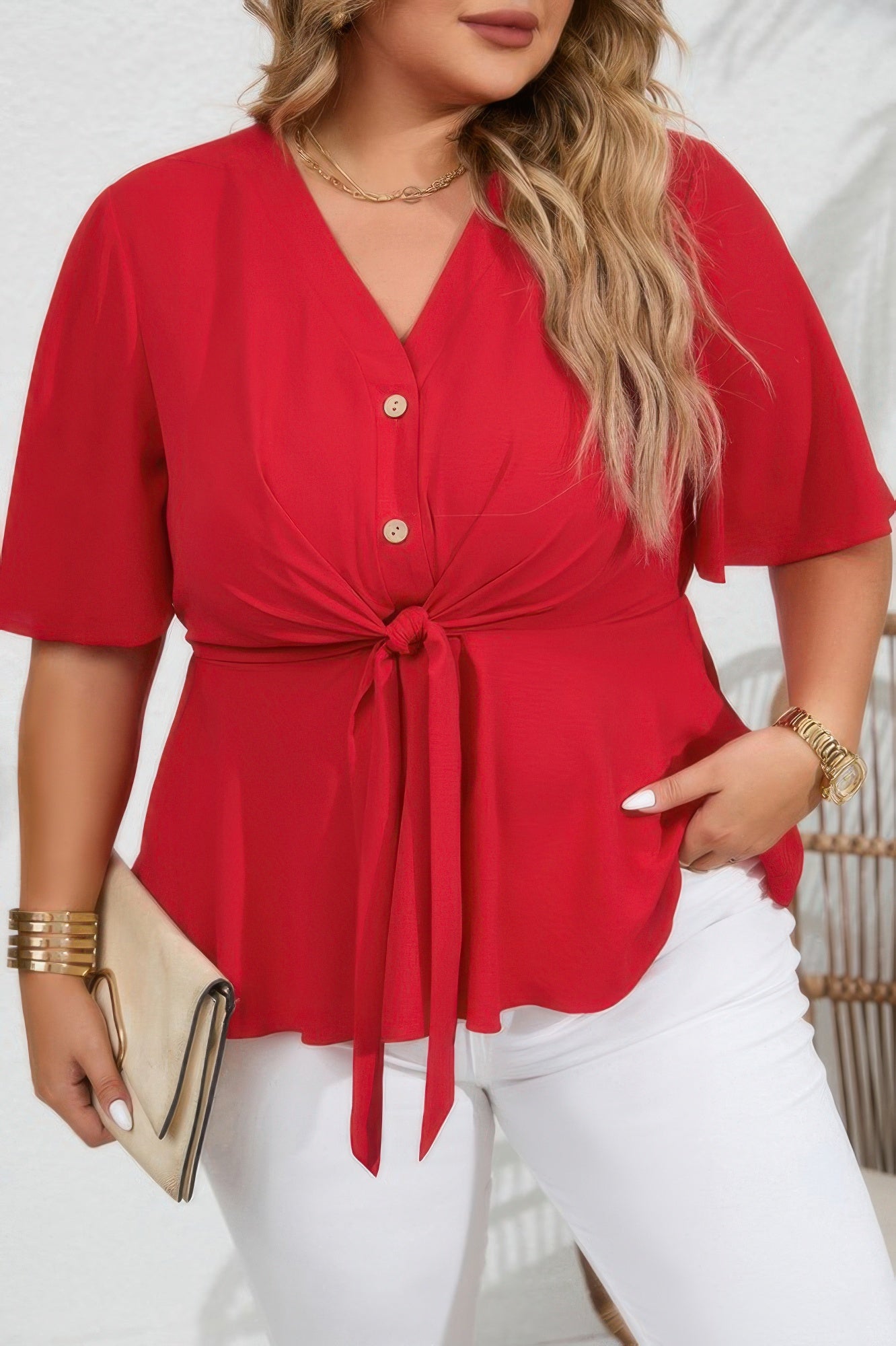 Plus size red peplum blouse with butterfly sleeves and waist tie – bold, flattering top for casual or dressy wear