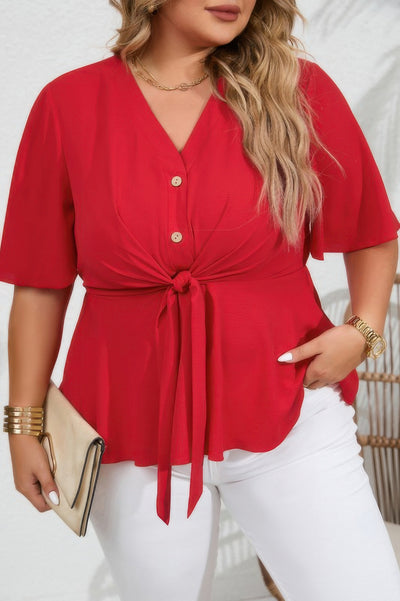 Plus size red peplum blouse with butterfly sleeves and waist tie – bold, flattering top for casual or dressy wear