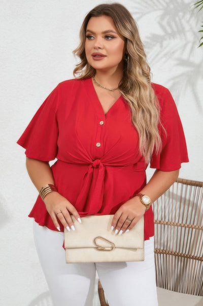 Plus size red peplum blouse with butterfly sleeves and waist tie – bold, flattering top for casual or dressy wear