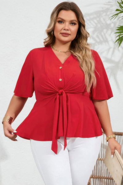 Plus size red peplum blouse with butterfly sleeves and waist tie – bold, flattering top for casual or dressy wear