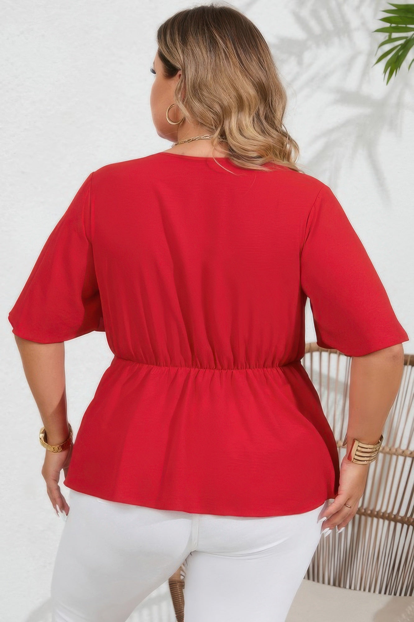 Plus size red peplum blouse with butterfly sleeves and waist tie – bold, flattering top for casual or dressy wear