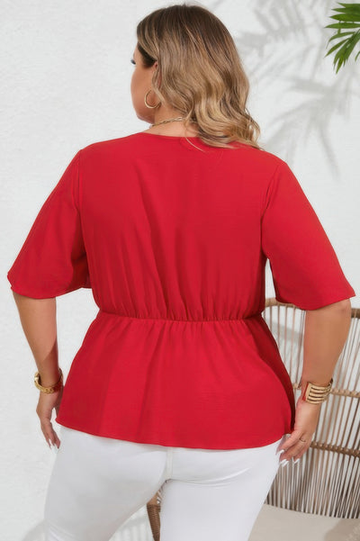 Plus size red peplum blouse with butterfly sleeves and waist tie – bold, flattering top for casual or dressy wear