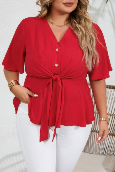 Plus size red peplum blouse with butterfly sleeves and waist tie – bold, flattering top for casual or dressy wear