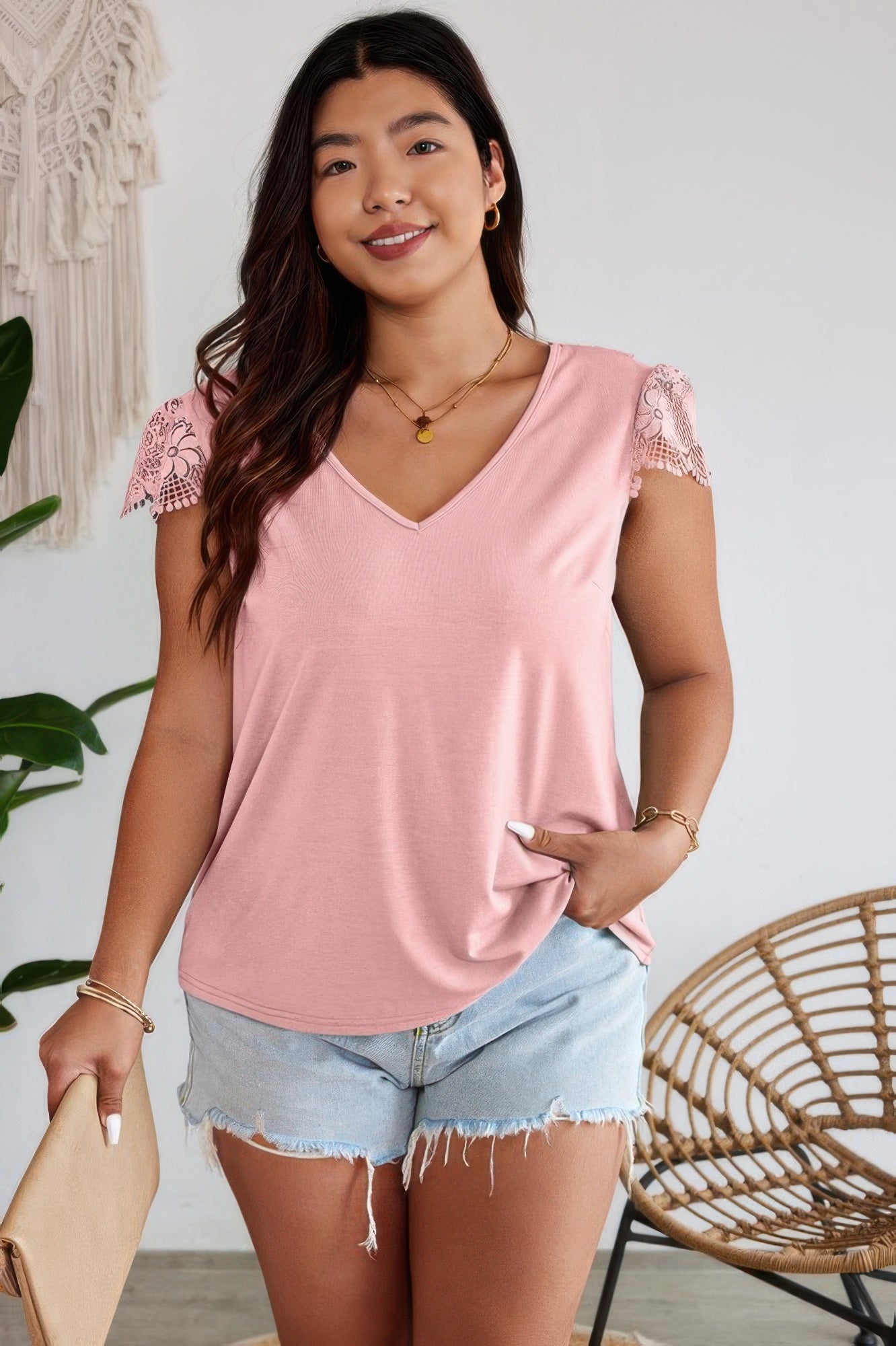 Pink V-neck T-shirt with lace spliced back and bow – feminine short sleeve top for casual or dressy wear