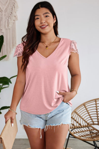 Pink V-neck T-shirt with lace spliced back and bow – feminine short sleeve top for casual or dressy wear