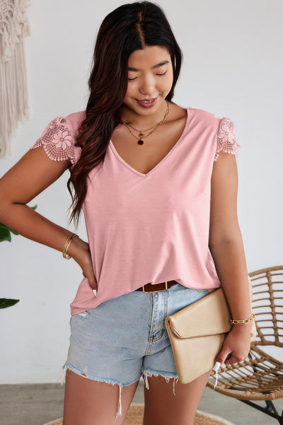 Pink V-neck T-shirt with lace spliced back and bow – feminine short sleeve top for casual or dressy wear