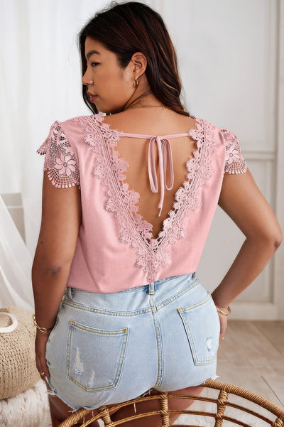 Pink V-neck T-shirt with lace spliced back and bow – feminine short sleeve top for casual or dressy wear