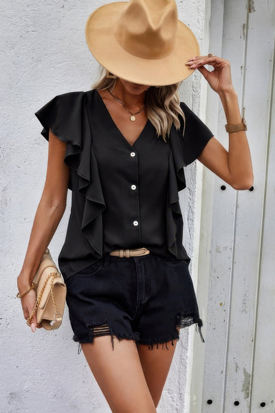 Black ruffle V-neck button blouse for women – elegant slim fit top for office or evening wear