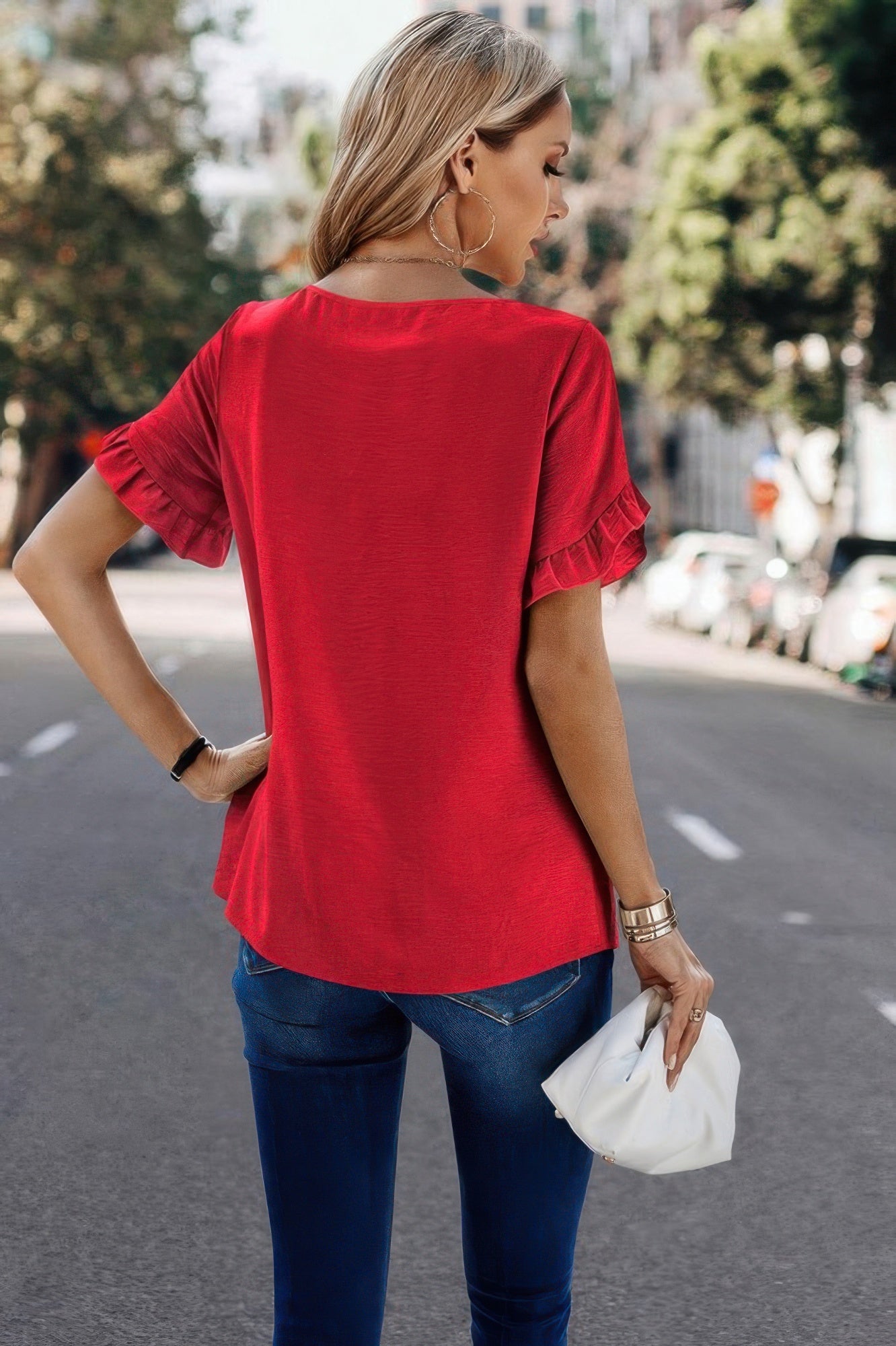 Red ruffle sleeve round neck blouse – bold and breathable loose fit shirt for women