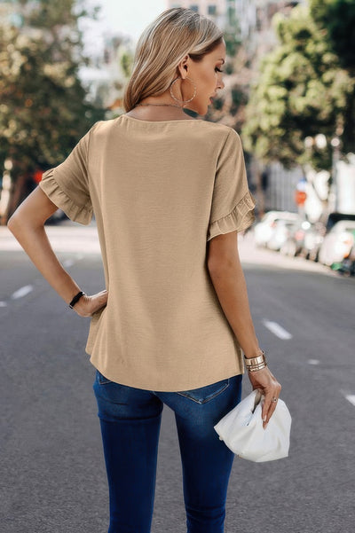 Khaki ruffle sleeve loose fit blouse – elegant round neck top for casual or office style