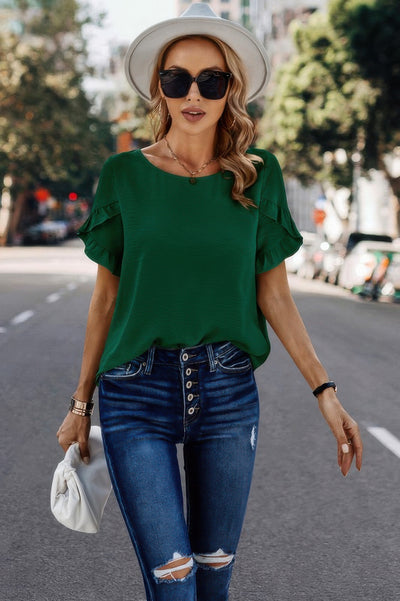 Green ruffle sleeve round neck blouse for women – breezy and stylish loose fit top