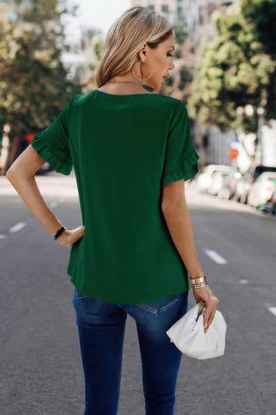 Green ruffle sleeve round neck blouse for women – breezy and stylish loose fit top