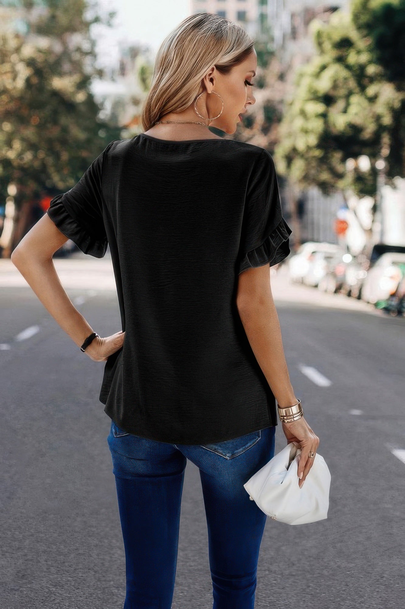 Women's black ruffle sleeve round neck blouse – lightweight loose fit top for everyday wear