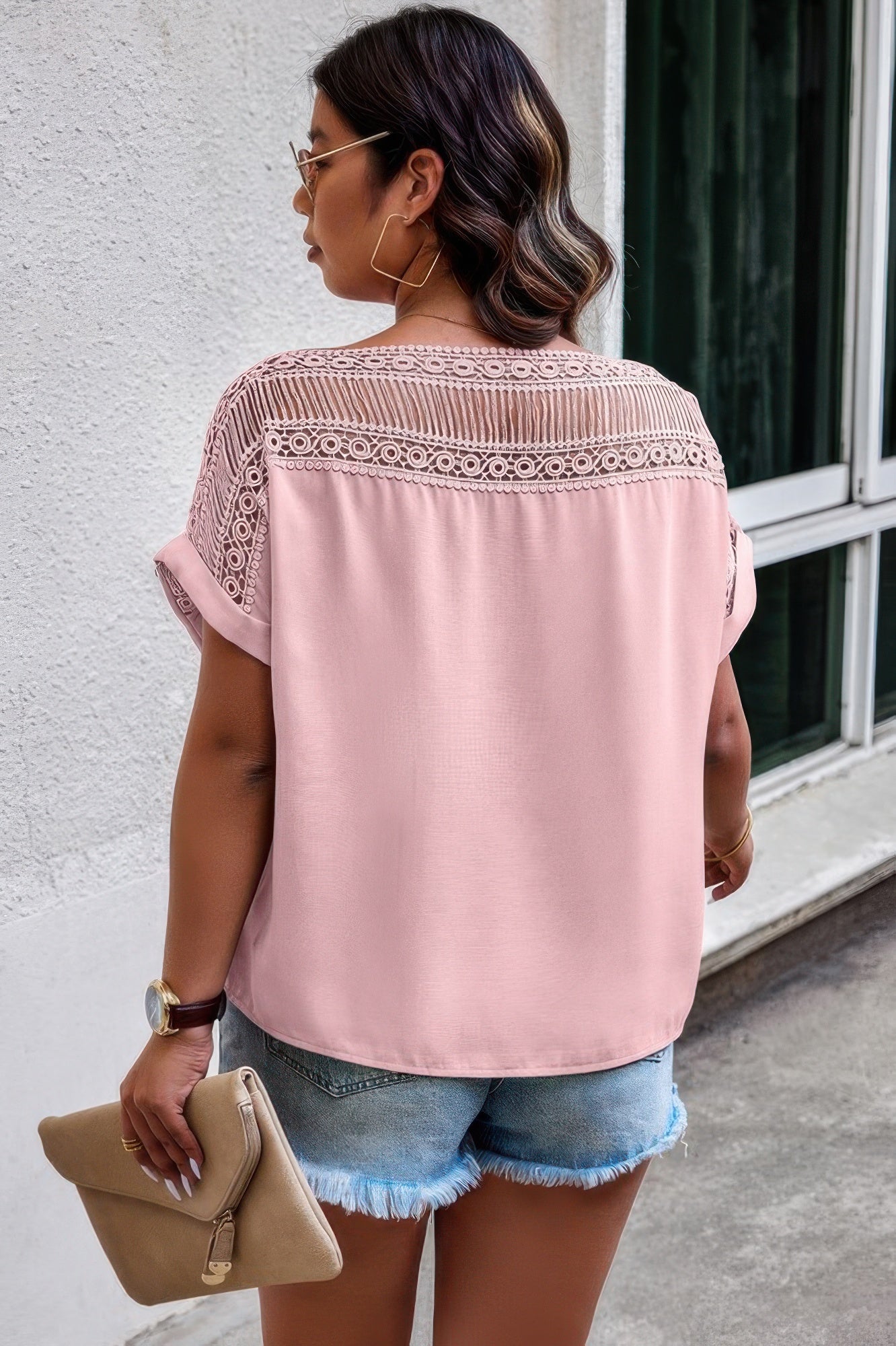 Pink lace batwing sleeve blouse with relaxed fit and bohemian print