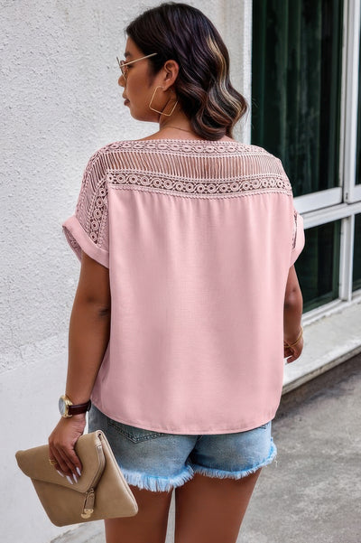 Pink lace batwing sleeve blouse with relaxed fit and bohemian print