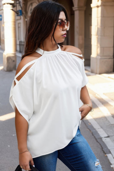 Plus size white halter top with cold shoulders and flowy batwing sleeves