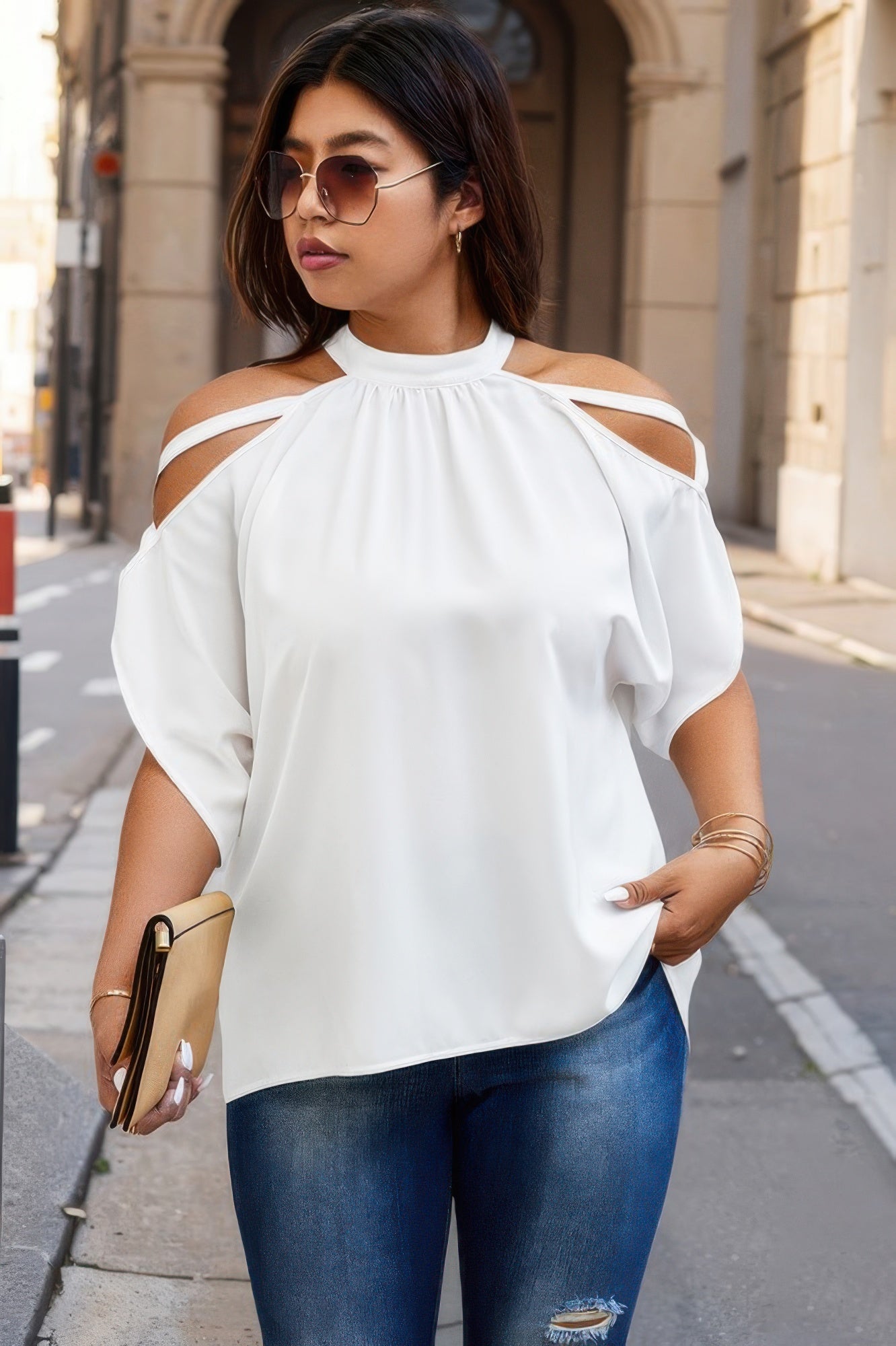 Plus size white halter top with cold shoulders and flowy batwing sleeves
