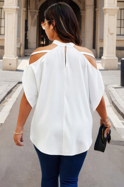 Plus size white halter top with cold shoulders and flowy batwing sleeves