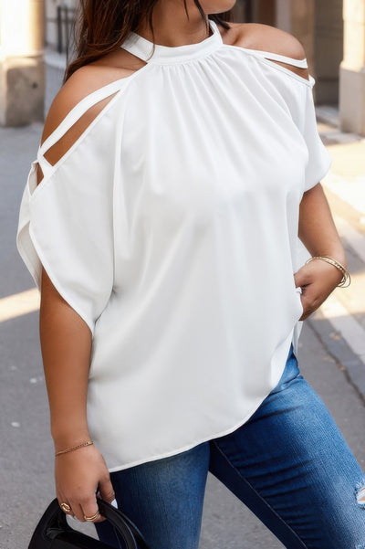 Plus size white halter top with cold shoulders and flowy batwing sleeves