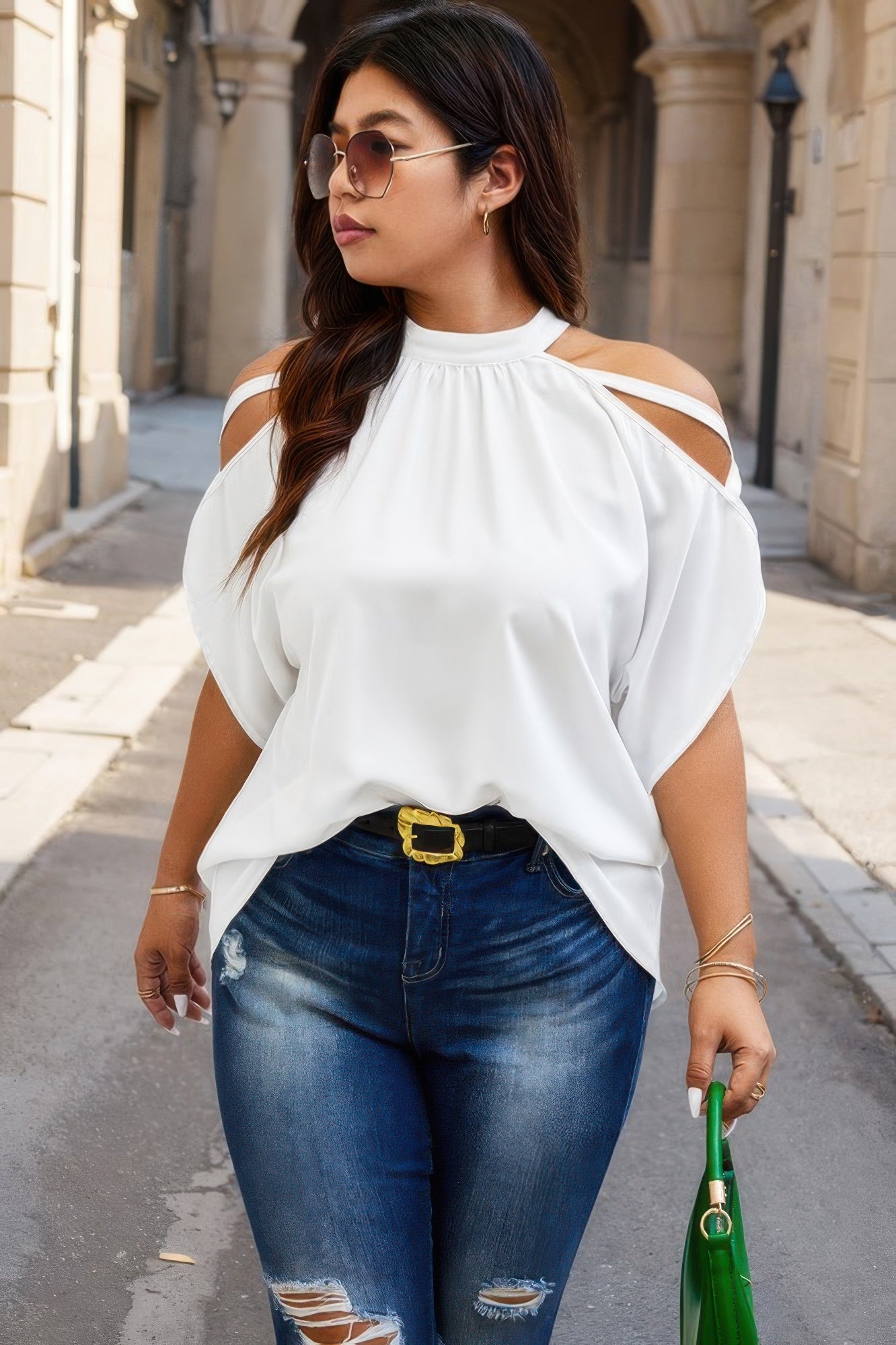 Plus size white halter top with cold shoulders and flowy batwing sleeves