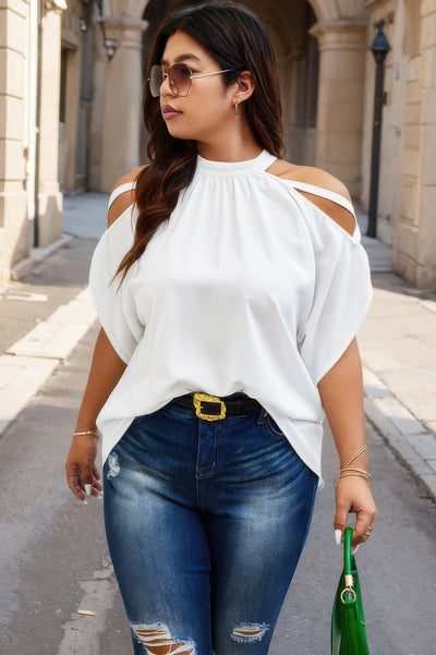 Plus size white halter top with cold shoulders and flowy batwing sleeves