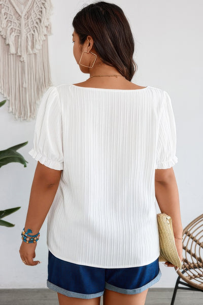 Plus size white floral blouse with puff sleeves and square neckline