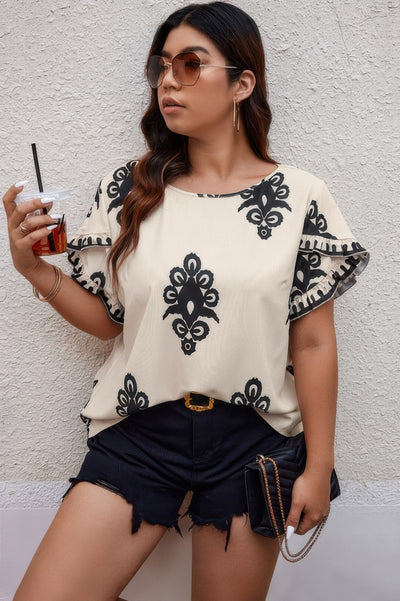 Plus size beige printed blouse with wide round neckline and ruffle hem