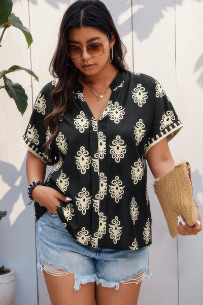 Plus size black printed V-neck short sleeve blouse – lightweight and comfy
