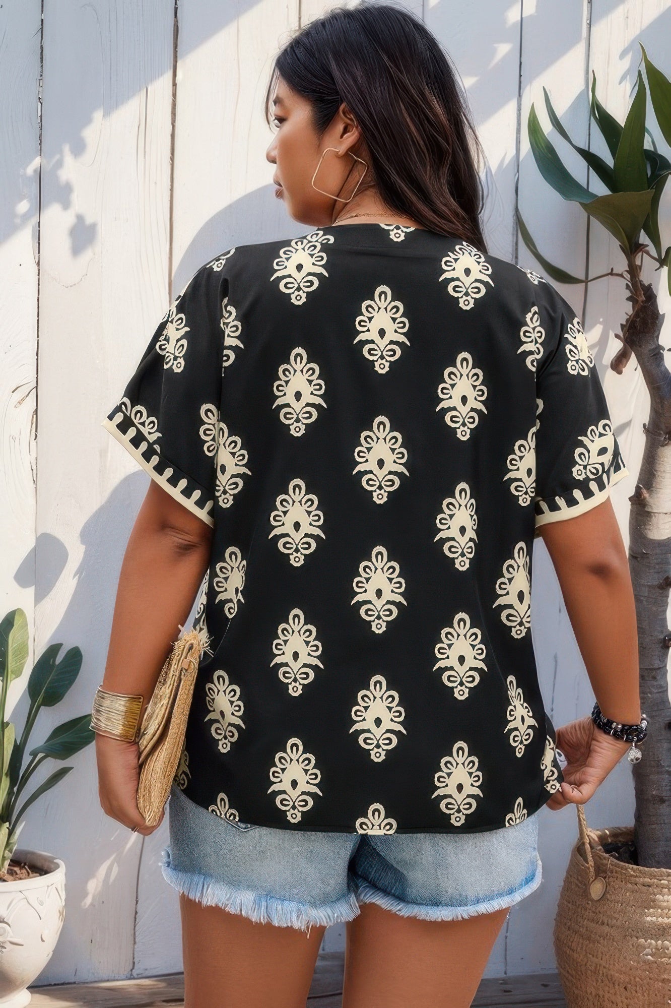 Plus size black printed V-neck short sleeve blouse – lightweight and comfy