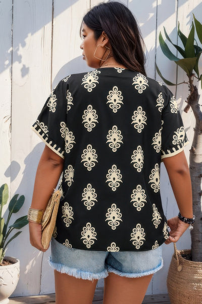 Plus size black printed V-neck short sleeve blouse – lightweight and comfy