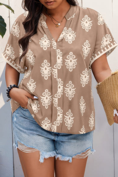 Plus size khaki V-neck blouse with all-over print and short sleeves