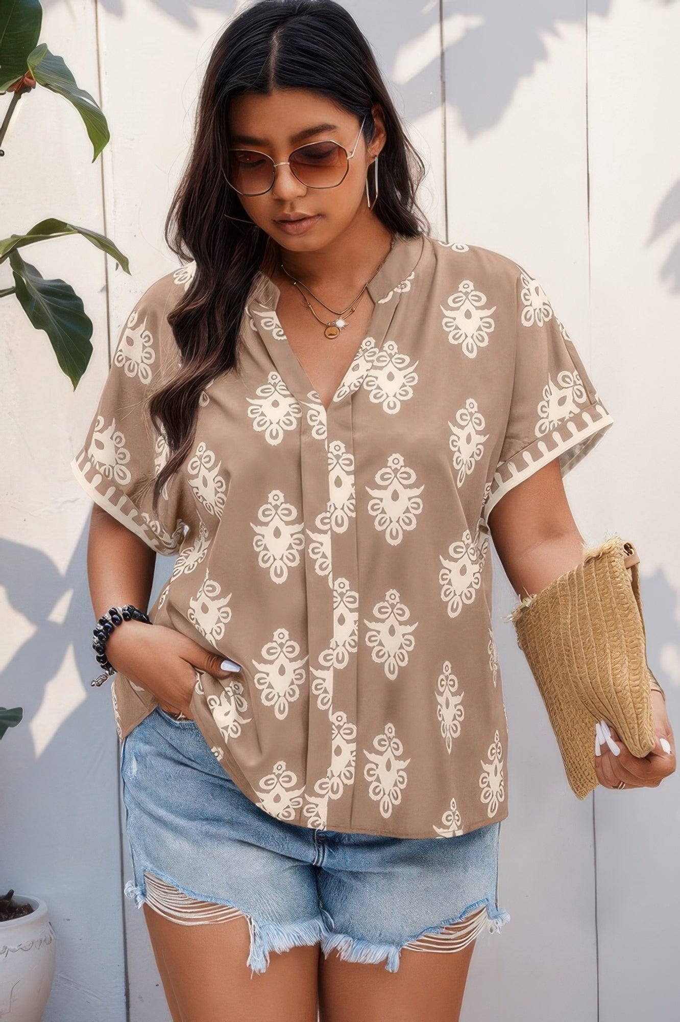 Plus size khaki V-neck blouse with all-over print and short sleeves