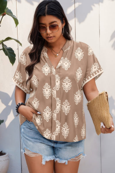 Plus size khaki V-neck blouse with all-over print and short sleeves