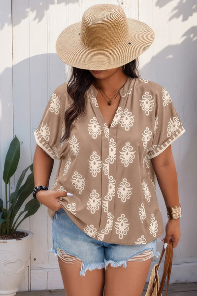 Plus size khaki V-neck blouse with all-over print and short sleeves