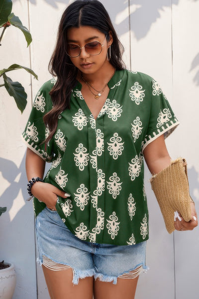 Olive green plus size V-neck printed blouse with short sleeves and loose fit