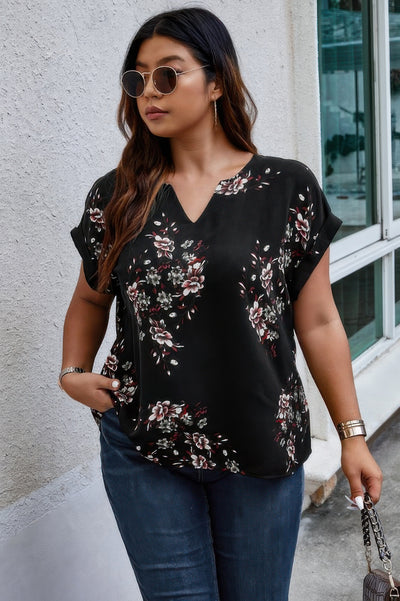 Plus Size Floral Print V-Neck Loose Blouse in Black – Lightweight Casual Summer Top
